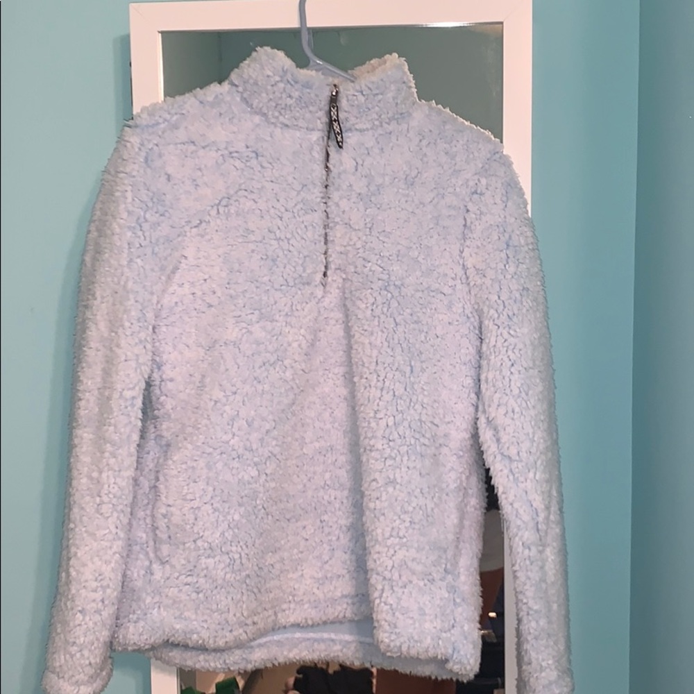 Women’s Light Blue Fuzzy Quarter Zip Hoodie.